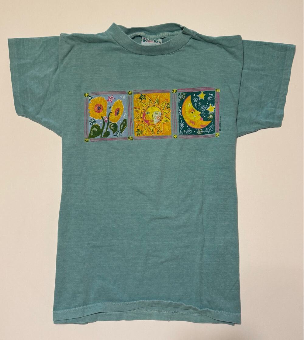 Vintage 90s Sun Moon Sunflower Celestial Panel Tee Sage Green Single Stitch L